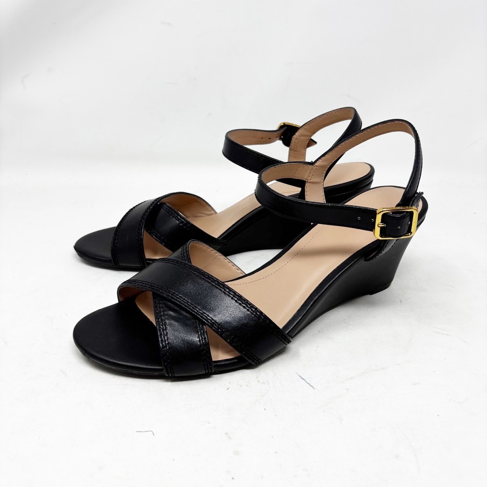 Cole Haan Leather Criss Cross Sandals Size 9.5 Ankle‎ Strap Wedge Black Classic - Picture 10 of 10